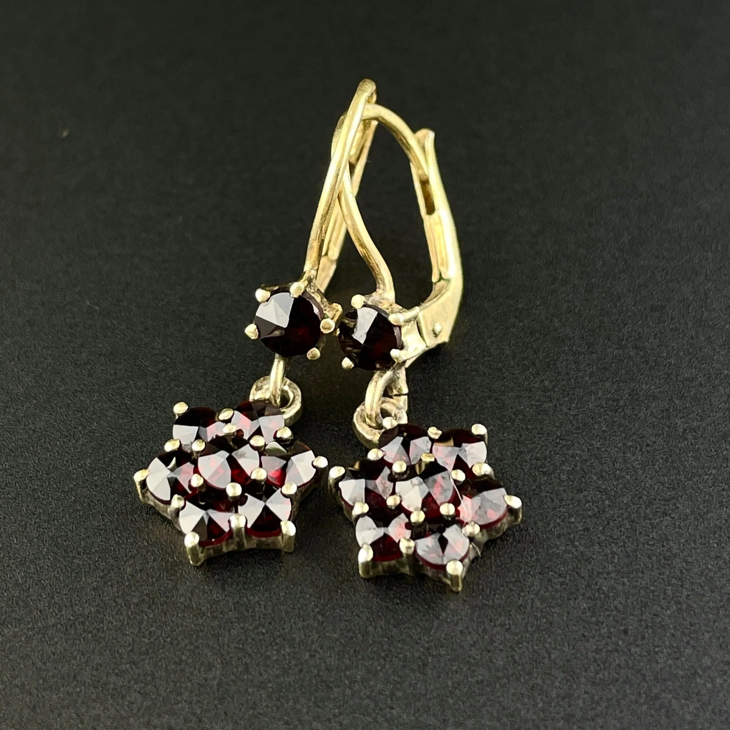 Vintage Rose Cut Garnet Flower Cluster Dangle Earrings