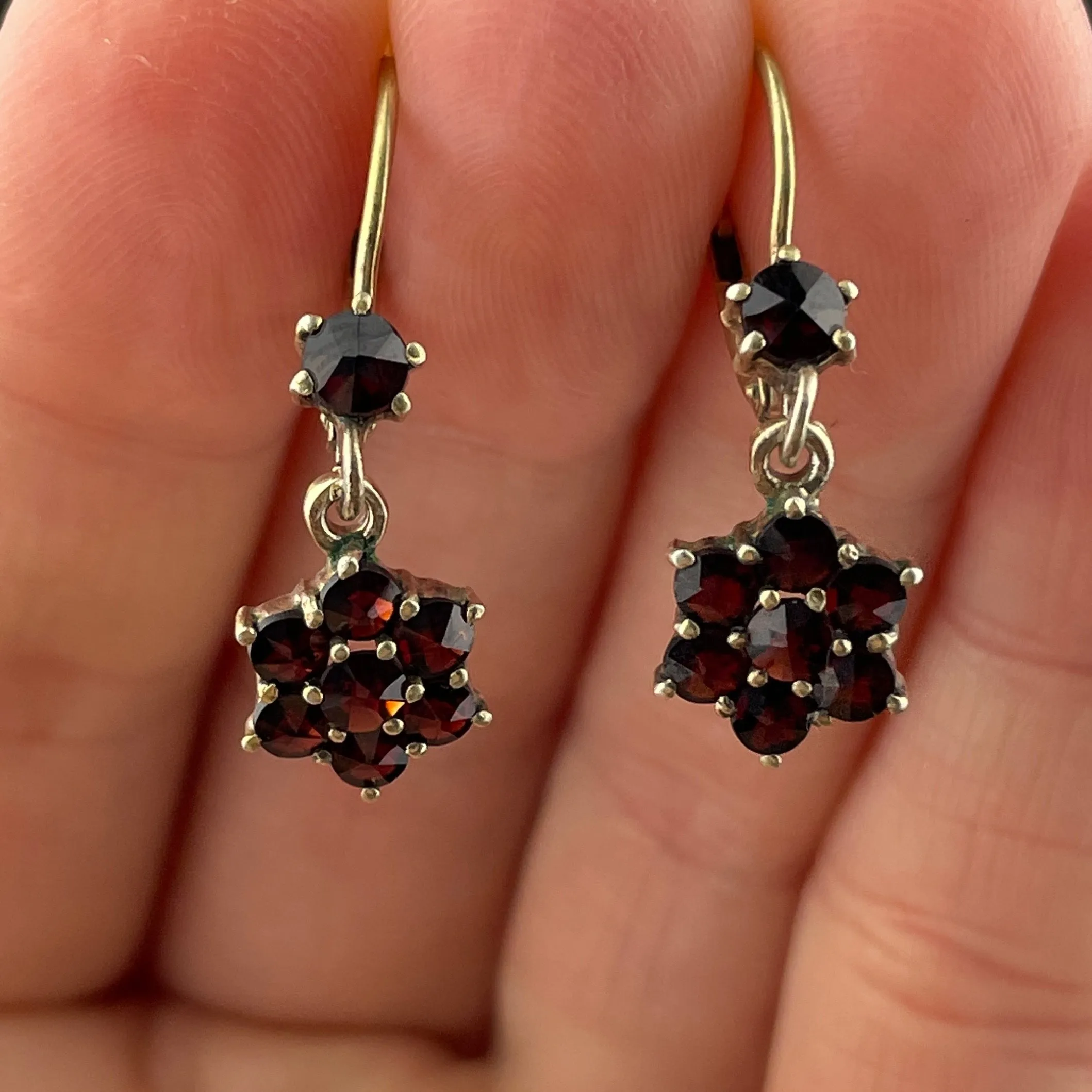 Vintage Rose Cut Garnet Flower Cluster Dangle Earrings