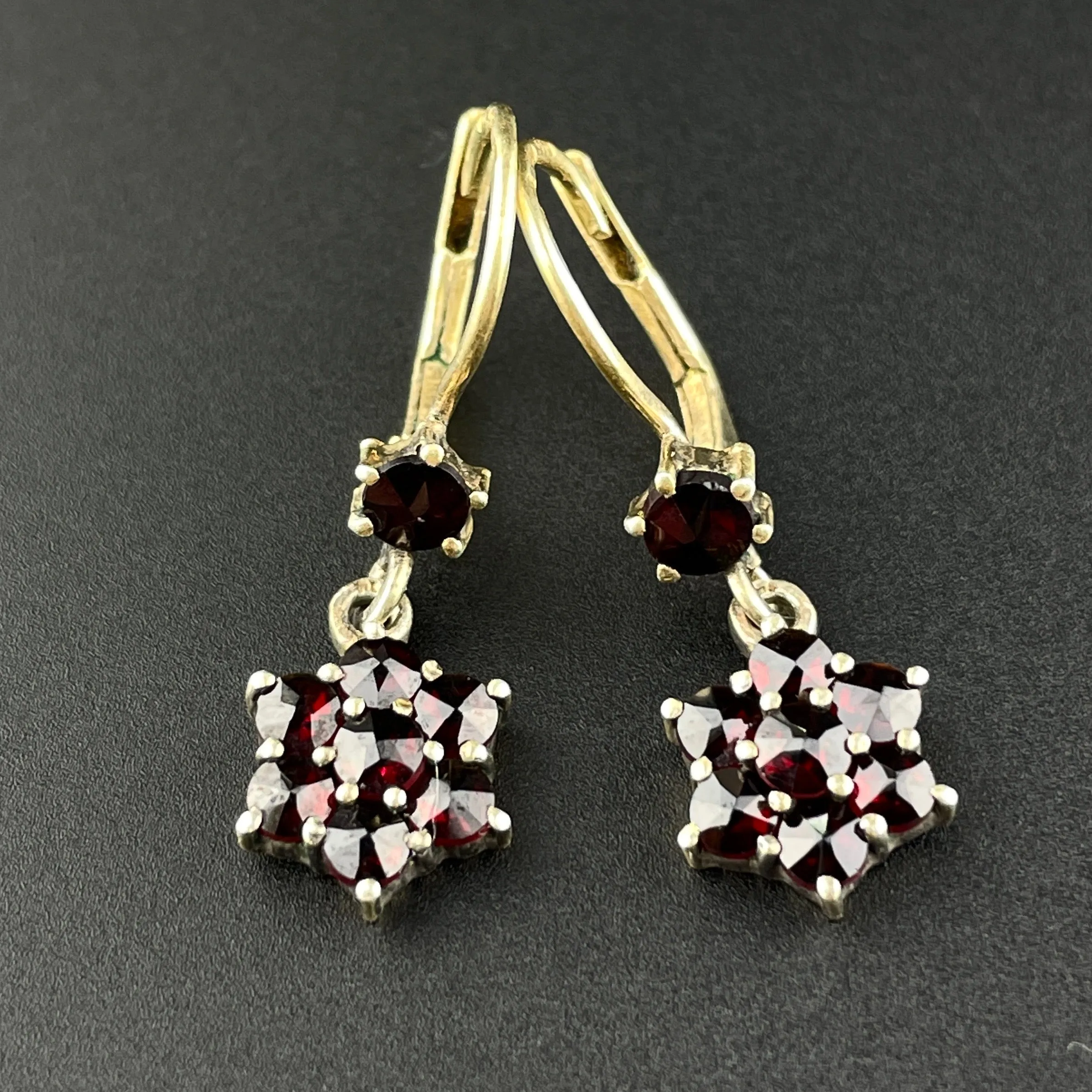 Vintage Rose Cut Garnet Flower Cluster Dangle Earrings