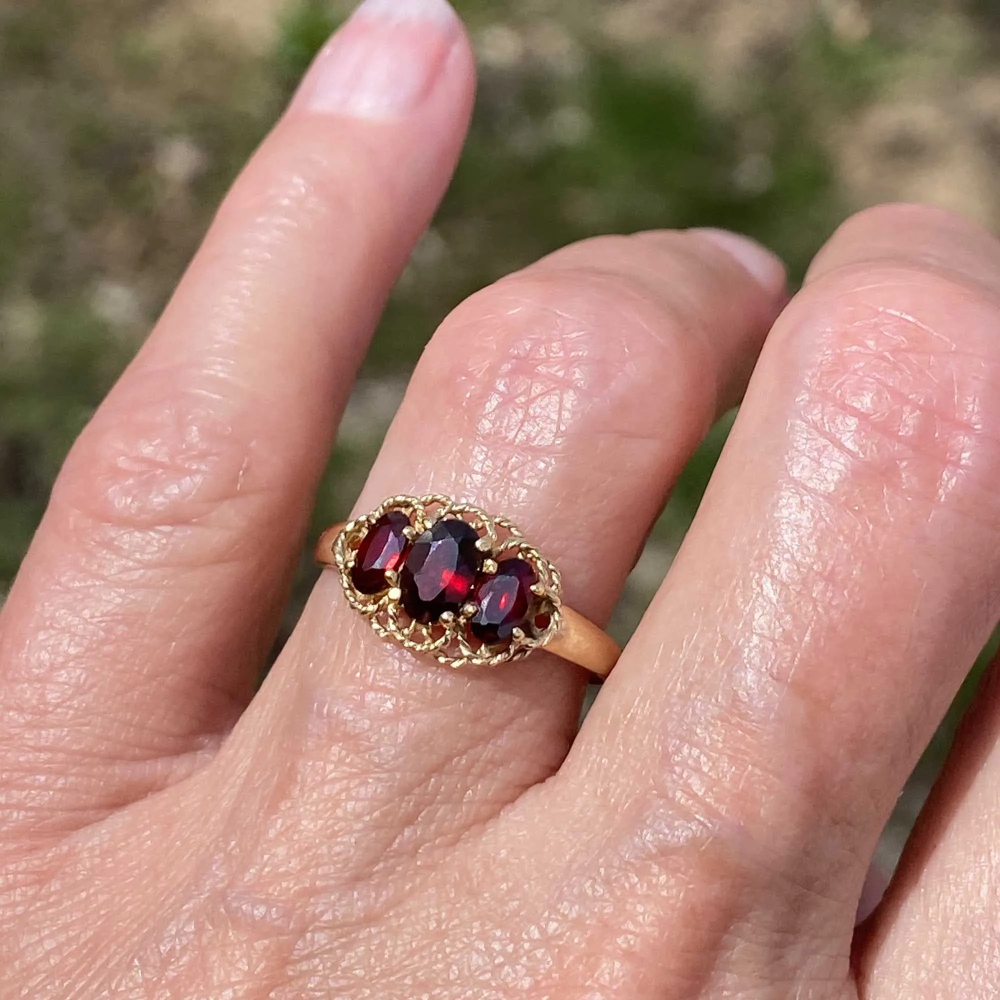 Vintage Three Stone Braid Wrap Gold Garnet Ring