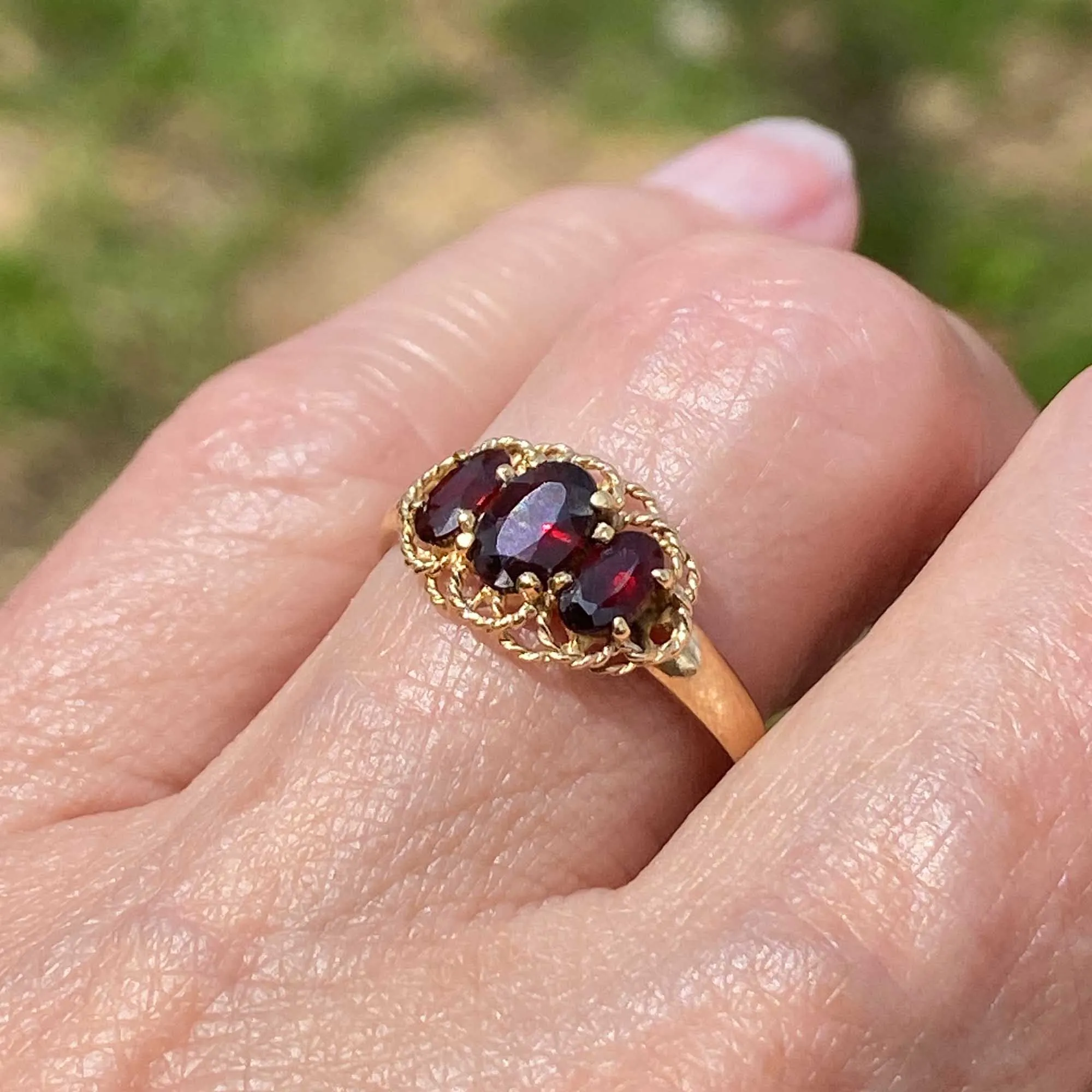 Vintage Three Stone Braid Wrap Gold Garnet Ring