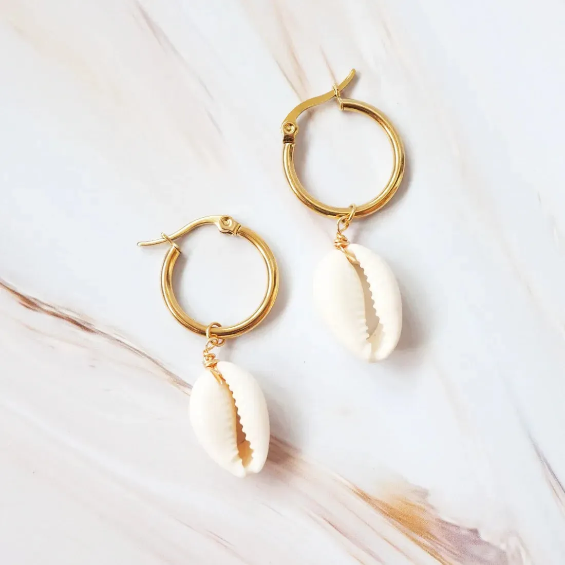 Waialea Cowry Seashell Hawaiian Hoop Earrings